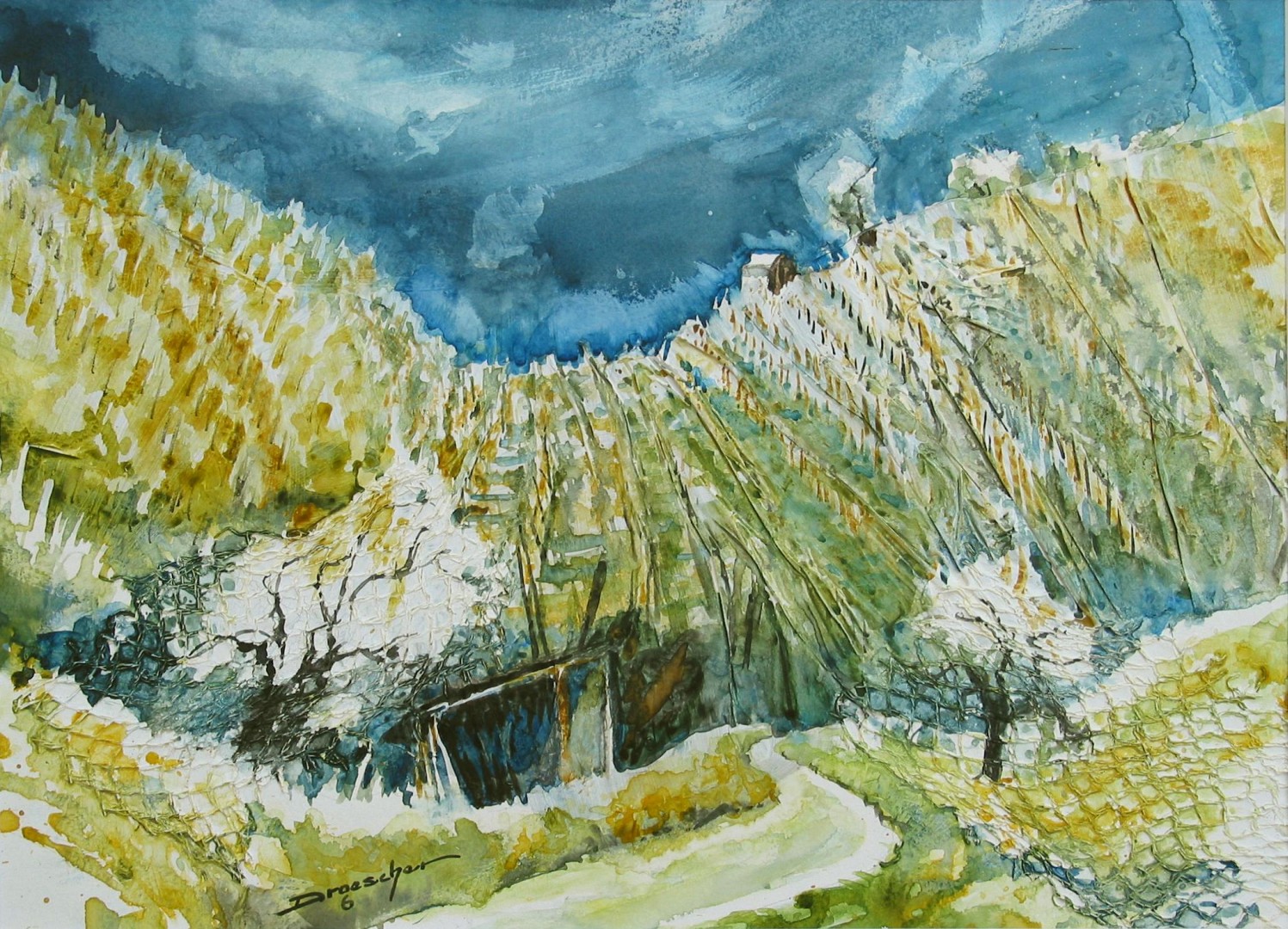 021 Frühling im Weinberg 2006 36x48 Aquarell auf Struktur mit Netzen.jpg